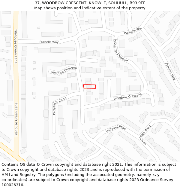 37, WOODROW CRESCENT, KNOWLE, SOLIHULL, B93 9EF: Location map and indicative extent of plot