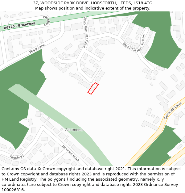 37, WOODSIDE PARK DRIVE, HORSFORTH, LEEDS, LS18 4TG: Location map and indicative extent of plot