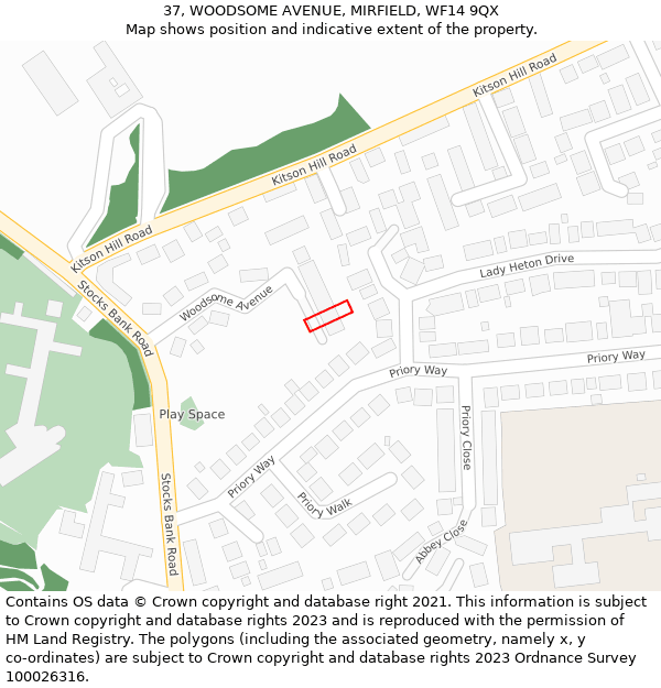 37, WOODSOME AVENUE, MIRFIELD, WF14 9QX: Location map and indicative extent of plot