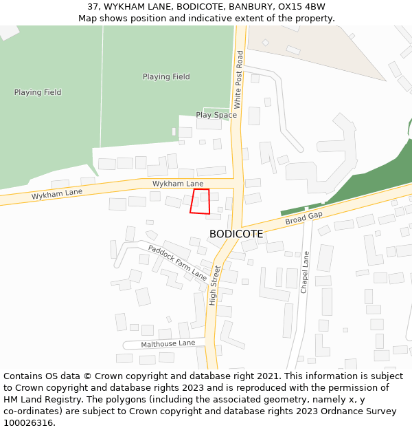 37, WYKHAM LANE, BODICOTE, BANBURY, OX15 4BW: Location map and indicative extent of plot