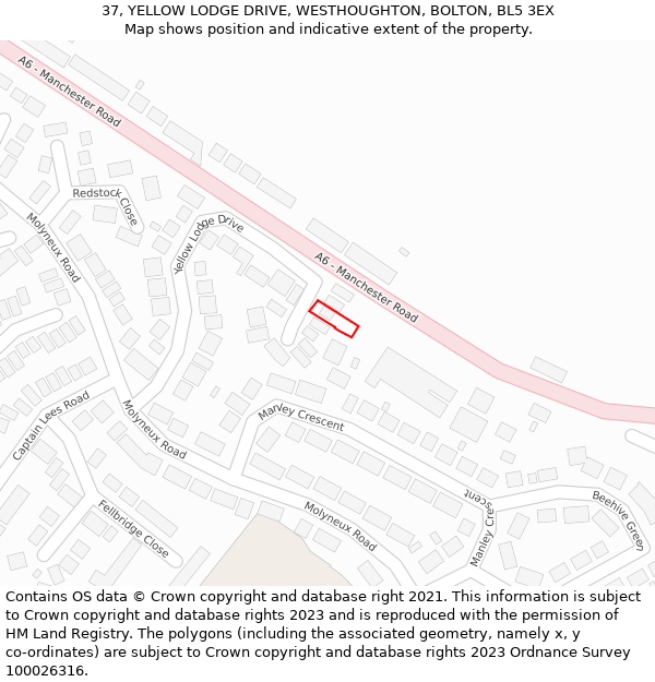 37, YELLOW LODGE DRIVE, WESTHOUGHTON, BOLTON, BL5 3EX: Location map and indicative extent of plot