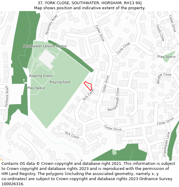 37, YORK CLOSE, SOUTHWATER, HORSHAM, RH13 9XJ: Location map and indicative extent of plot