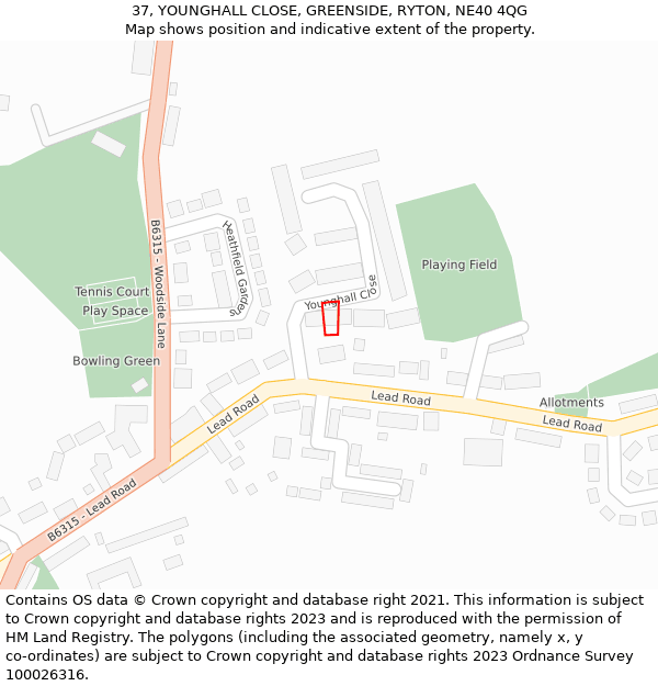 37, YOUNGHALL CLOSE, GREENSIDE, RYTON, NE40 4QG: Location map and indicative extent of plot