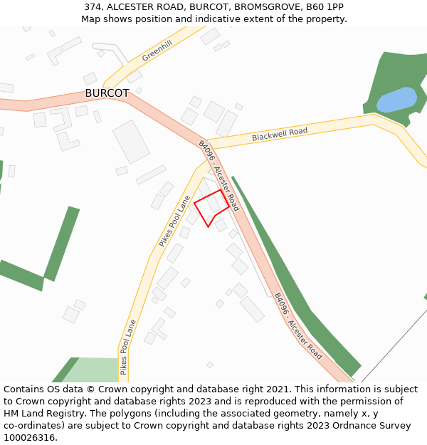 374, ALCESTER ROAD, BURCOT, BROMSGROVE, B60 1PP: Location map and indicative extent of plot