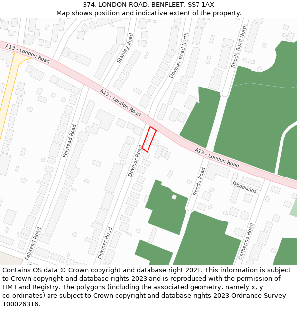 374, LONDON ROAD, BENFLEET, SS7 1AX: Location map and indicative extent of plot