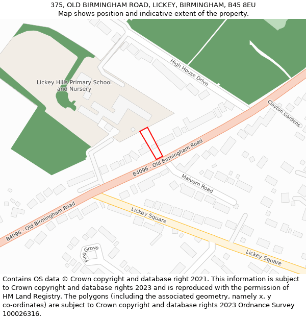 375, OLD BIRMINGHAM ROAD, LICKEY, BIRMINGHAM, B45 8EU: Location map and indicative extent of plot