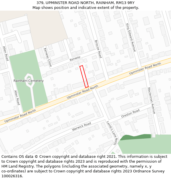 379, UPMINSTER ROAD NORTH, RAINHAM, RM13 9RY: Location map and indicative extent of plot