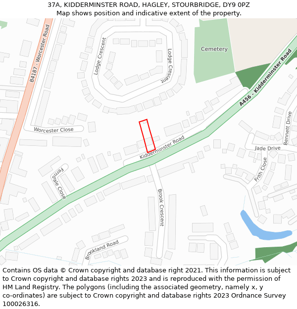 37A, KIDDERMINSTER ROAD, HAGLEY, STOURBRIDGE, DY9 0PZ: Location map and indicative extent of plot