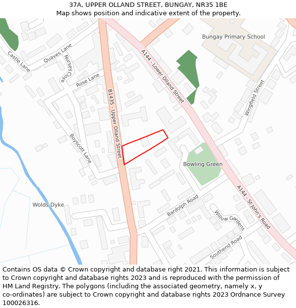 37A, UPPER OLLAND STREET, BUNGAY, NR35 1BE: Location map and indicative extent of plot