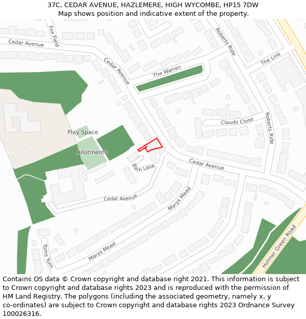 37C, CEDAR AVENUE, HAZLEMERE, HIGH WYCOMBE, HP15 7DW: Location map and indicative extent of plot