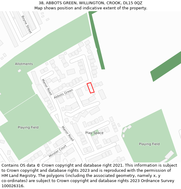 38, ABBOTS GREEN, WILLINGTON, CROOK, DL15 0QZ: Location map and indicative extent of plot