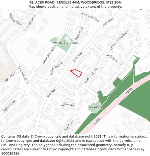 38, ACER ROAD, RENDLESHAM, WOODBRIDGE, IP12 2GA: Location map and indicative extent of plot