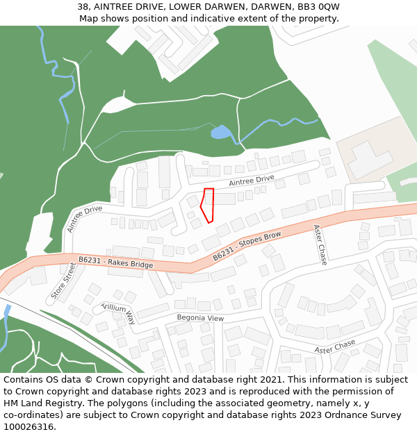 38, AINTREE DRIVE, LOWER DARWEN, DARWEN, BB3 0QW: Location map and indicative extent of plot