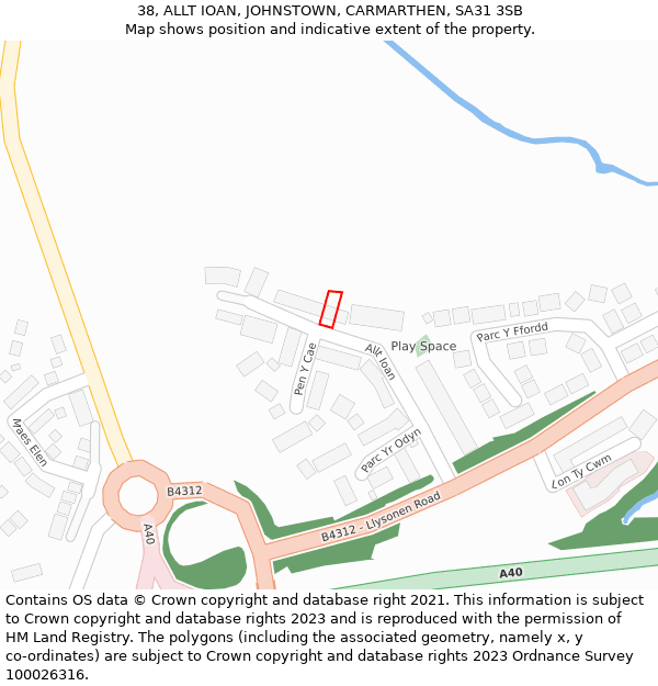 38, ALLT IOAN, JOHNSTOWN, CARMARTHEN, SA31 3SB: Location map and indicative extent of plot