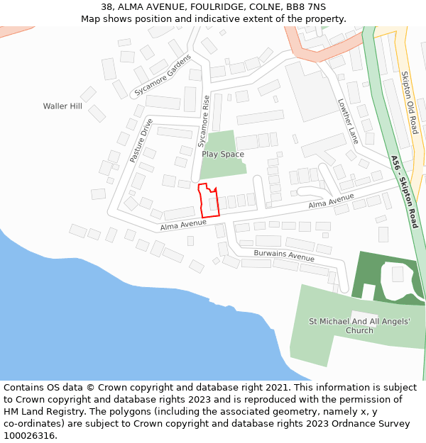 38, ALMA AVENUE, FOULRIDGE, COLNE, BB8 7NS: Location map and indicative extent of plot