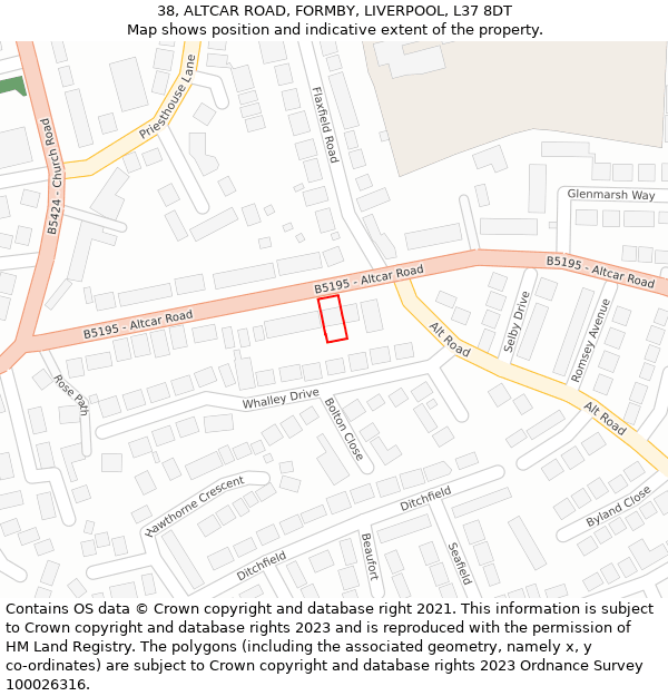 38, ALTCAR ROAD, FORMBY, LIVERPOOL, L37 8DT: Location map and indicative extent of plot