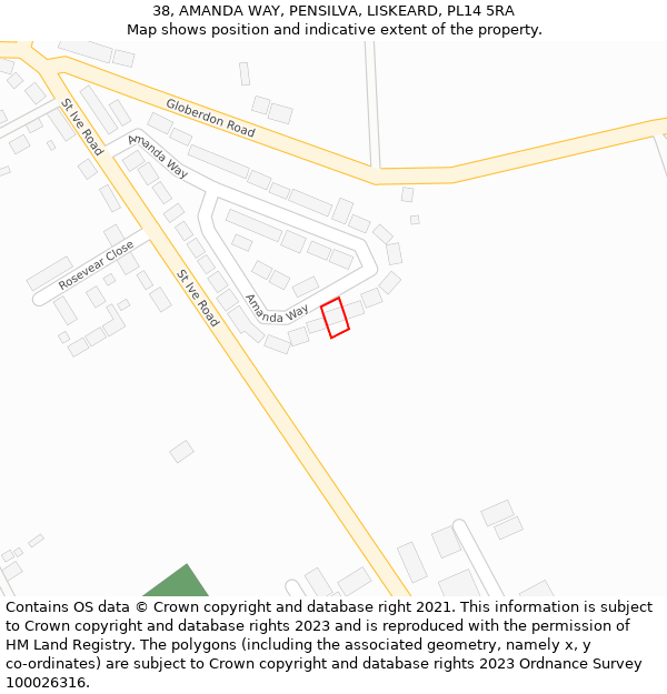 38, AMANDA WAY, PENSILVA, LISKEARD, PL14 5RA: Location map and indicative extent of plot