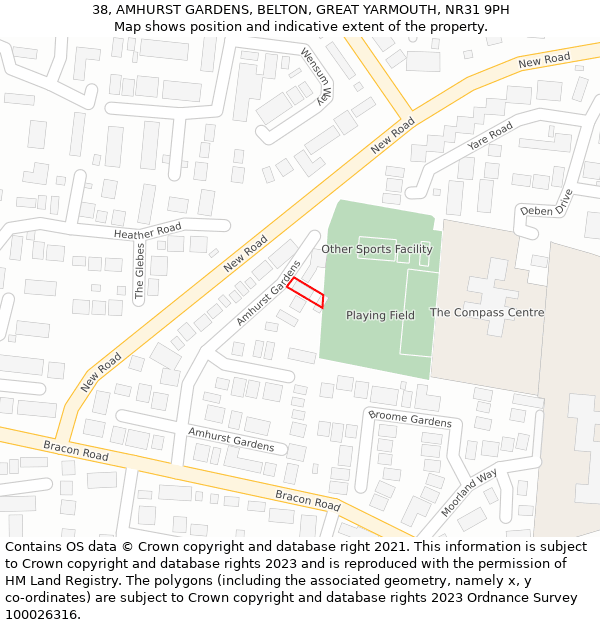 38, AMHURST GARDENS, BELTON, GREAT YARMOUTH, NR31 9PH: Location map and indicative extent of plot