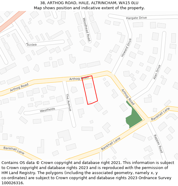 38, ARTHOG ROAD, HALE, ALTRINCHAM, WA15 0LU: Location map and indicative extent of plot