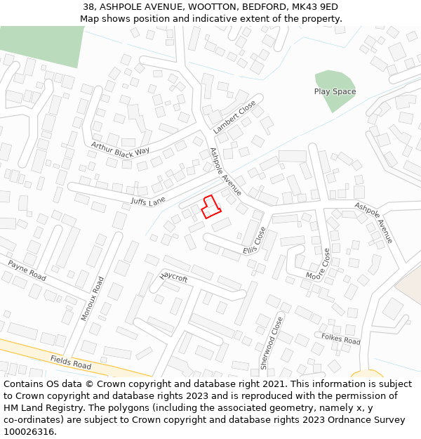 38, ASHPOLE AVENUE, WOOTTON, BEDFORD, MK43 9ED: Location map and indicative extent of plot