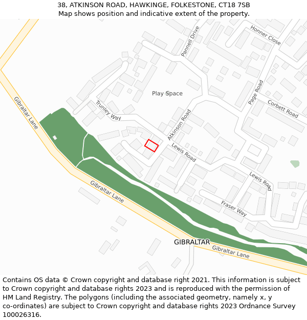 38, ATKINSON ROAD, HAWKINGE, FOLKESTONE, CT18 7SB: Location map and indicative extent of plot