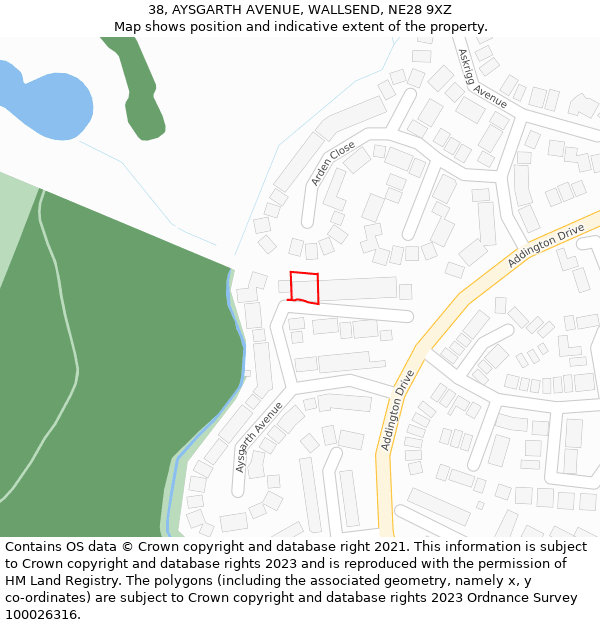 38, AYSGARTH AVENUE, WALLSEND, NE28 9XZ: Location map and indicative extent of plot
