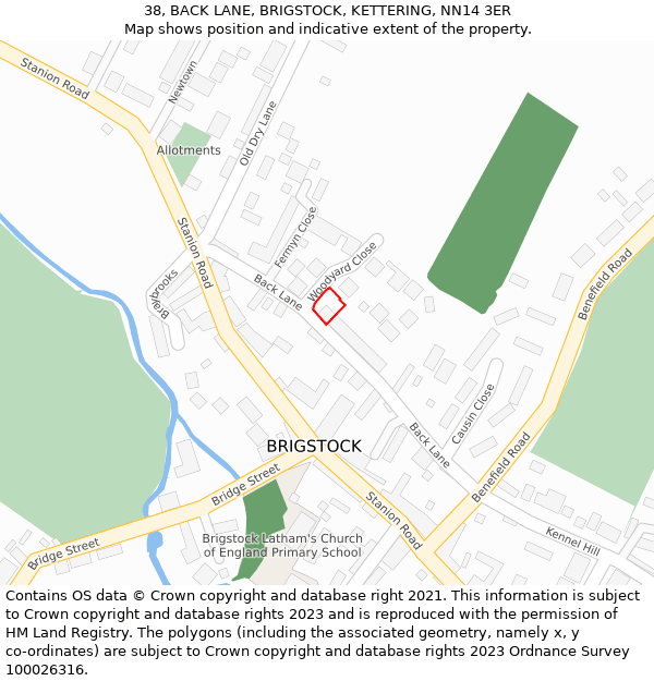 38, BACK LANE, BRIGSTOCK, KETTERING, NN14 3ER: Location map and indicative extent of plot