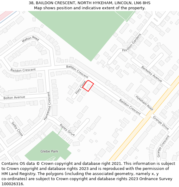 38, BAILDON CRESCENT, NORTH HYKEHAM, LINCOLN, LN6 8HS: Location map and indicative extent of plot