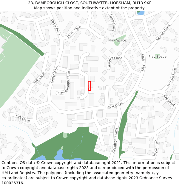 38, BAMBOROUGH CLOSE, SOUTHWATER, HORSHAM, RH13 9XF: Location map and indicative extent of plot