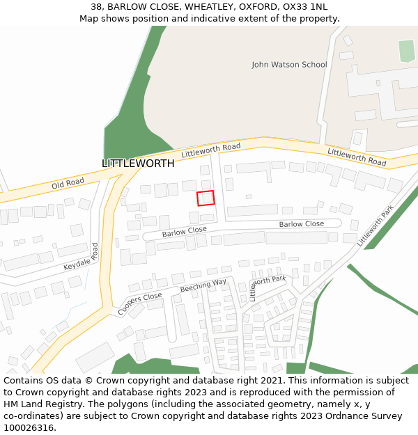 38, BARLOW CLOSE, WHEATLEY, OXFORD, OX33 1NL: Location map and indicative extent of plot