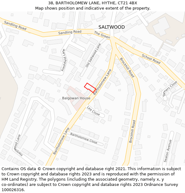 38, BARTHOLOMEW LANE, HYTHE, CT21 4BX: Location map and indicative extent of plot