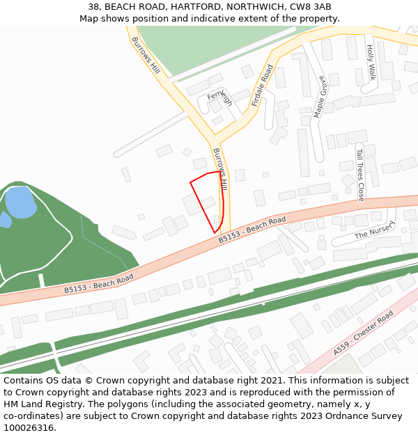 38, BEACH ROAD, HARTFORD, NORTHWICH, CW8 3AB: Location map and indicative extent of plot