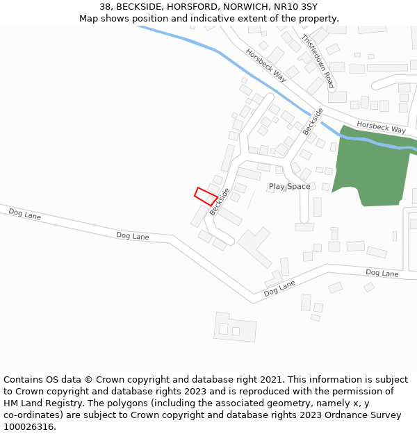 38, BECKSIDE, HORSFORD, NORWICH, NR10 3SY: Location map and indicative extent of plot