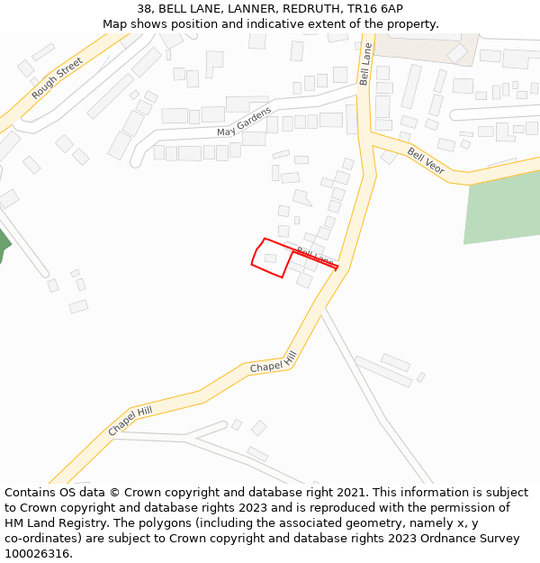 38, BELL LANE, LANNER, REDRUTH, TR16 6AP: Location map and indicative extent of plot