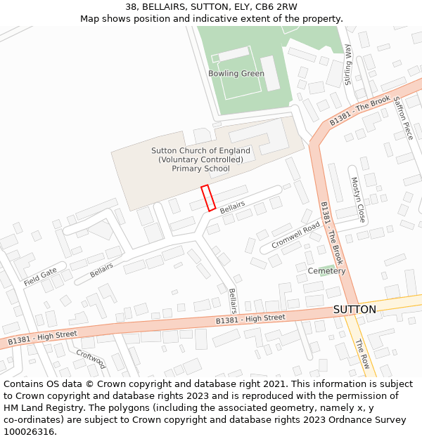 38, BELLAIRS, SUTTON, ELY, CB6 2RW: Location map and indicative extent of plot