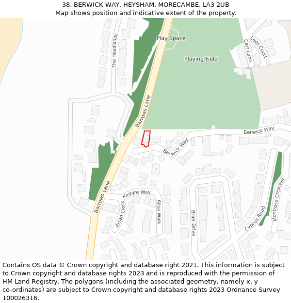 38, BERWICK WAY, HEYSHAM, MORECAMBE, LA3 2UB: Location map and indicative extent of plot