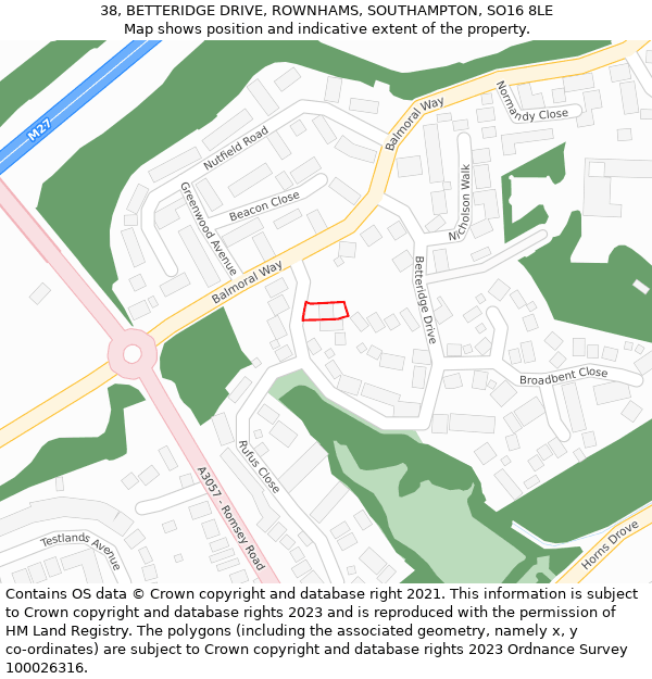 38, BETTERIDGE DRIVE, ROWNHAMS, SOUTHAMPTON, SO16 8LE: Location map and indicative extent of plot