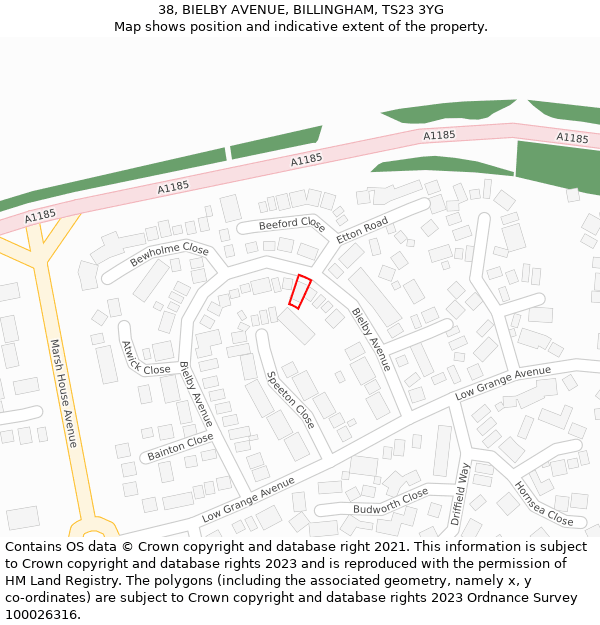 38, BIELBY AVENUE, BILLINGHAM, TS23 3YG: Location map and indicative extent of plot