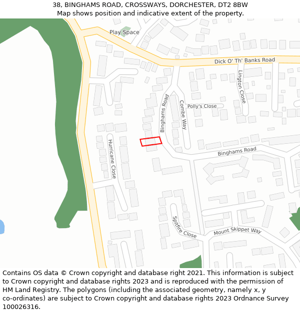 38, BINGHAMS ROAD, CROSSWAYS, DORCHESTER, DT2 8BW: Location map and indicative extent of plot