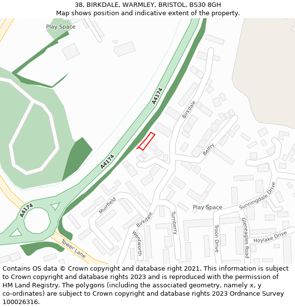 38, BIRKDALE, WARMLEY, BRISTOL, BS30 8GH: Location map and indicative extent of plot