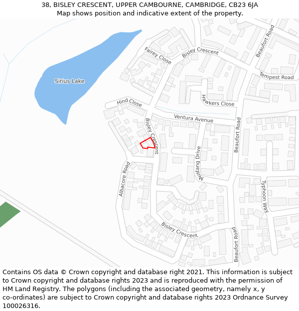 38, BISLEY CRESCENT, UPPER CAMBOURNE, CAMBRIDGE, CB23 6JA: Location map and indicative extent of plot