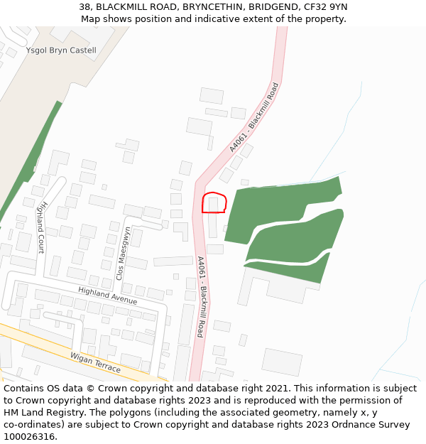 38, BLACKMILL ROAD, BRYNCETHIN, BRIDGEND, CF32 9YN: Location map and indicative extent of plot