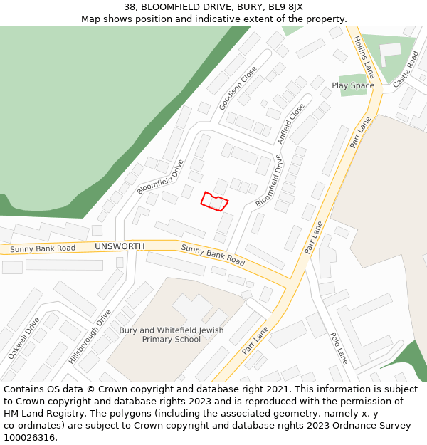 38, BLOOMFIELD DRIVE, BURY, BL9 8JX: Location map and indicative extent of plot