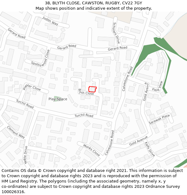 38, BLYTH CLOSE, CAWSTON, RUGBY, CV22 7GY: Location map and indicative extent of plot