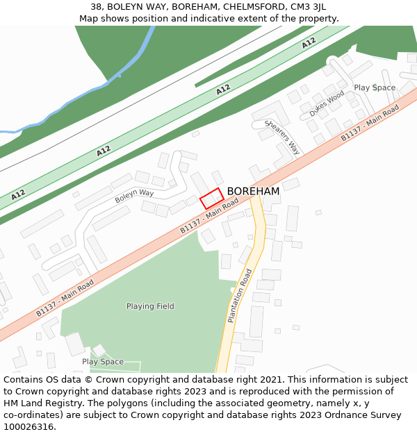 38, BOLEYN WAY, BOREHAM, CHELMSFORD, CM3 3JL: Location map and indicative extent of plot