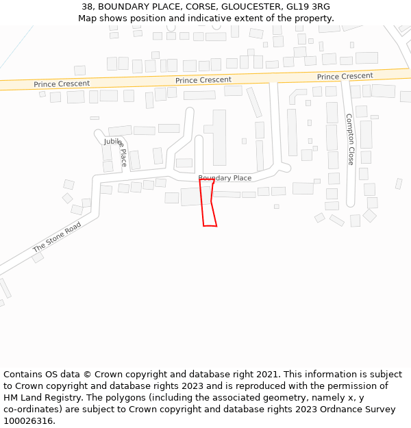 38, BOUNDARY PLACE, CORSE, GLOUCESTER, GL19 3RG: Location map and indicative extent of plot