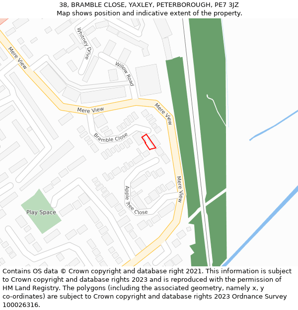 38, BRAMBLE CLOSE, YAXLEY, PETERBOROUGH, PE7 3JZ: Location map and indicative extent of plot