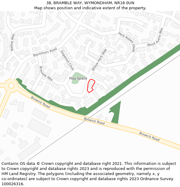 38, BRAMBLE WAY, WYMONDHAM, NR18 0UN: Location map and indicative extent of plot