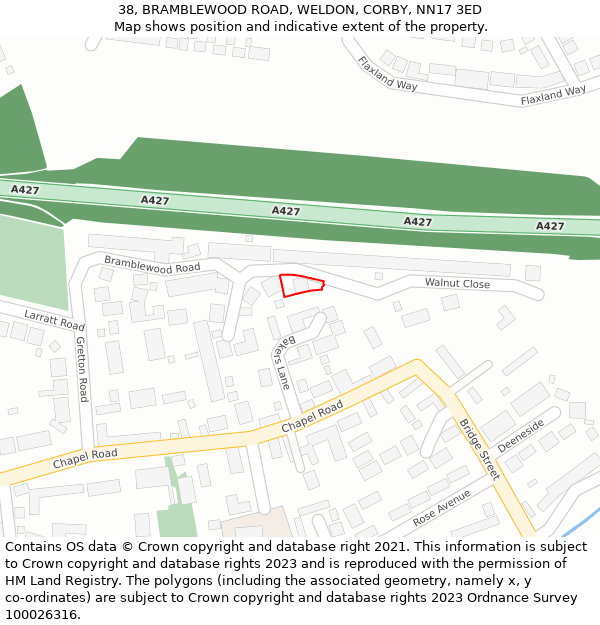 38, BRAMBLEWOOD ROAD, WELDON, CORBY, NN17 3ED: Location map and indicative extent of plot