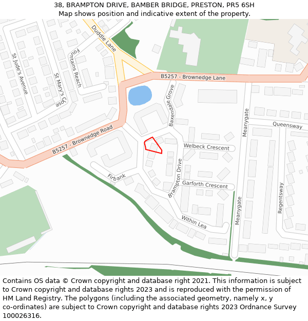 38, BRAMPTON DRIVE, BAMBER BRIDGE, PRESTON, PR5 6SH: Location map and indicative extent of plot